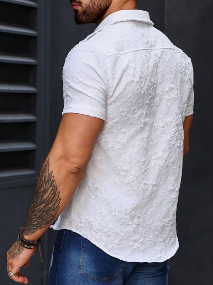 Uptown Funky Men's Floral Jacquard Single Breasted Casual Short Sleeve Shirt